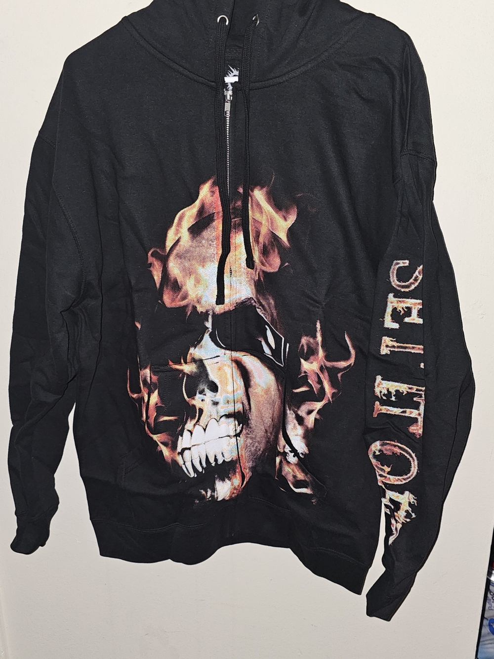 Men's Black Zip-Up Hoodie with Flaming Skull Graphic